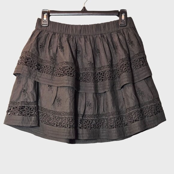 Lucky Brand Raven Brown Layered Mini Skirt sz XS NWT Boho Goblincore Embroidered - Picture 2 of 7